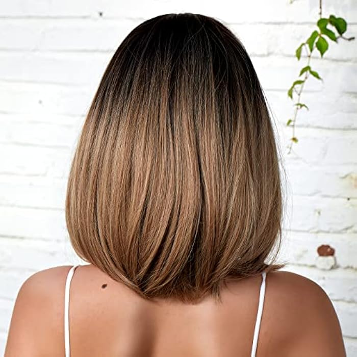 DILLARDS Haircube Ombre Brown Bob Wig Shoulder Length Wigs For Women Short Ombre Wig Middle Part Heat Resistant Fibre Synthetic Wig Natural Looking - Image 4